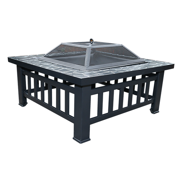 Square Metal Fire Pit Outdoor Heater set in a table with a mesh screen top with a faux-stone finish and set on a white background.