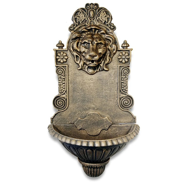 Antique Gold coloured lion head wall hanging water fountain on a white background.