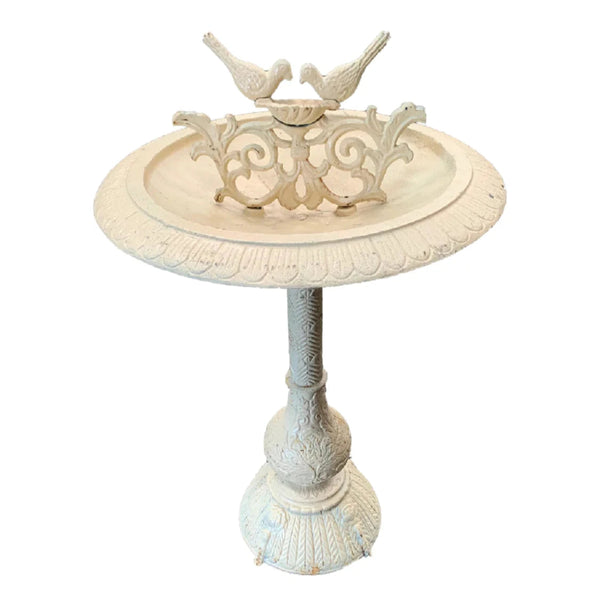 Antique White coloured Two Birds Cast Iron Bird Bath with a white background.