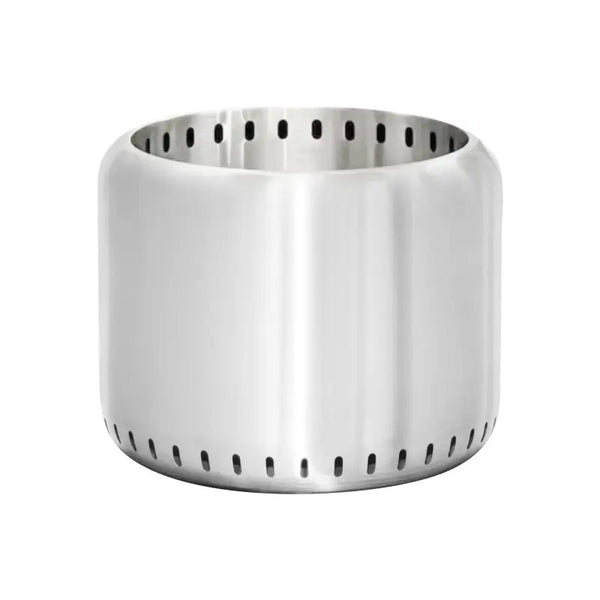 A cylindrical stainless steel fire pit with perforations for ventilation set on a solid white background.