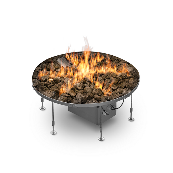 A round, star-shaped outdoor gas fireplace insert with visible flames on a white background.