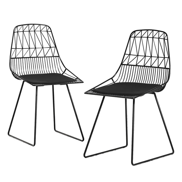 Two black outdoor dining chairs with a geometric pattern, featuring a powder-coated steel frame and seat pads on a white background.