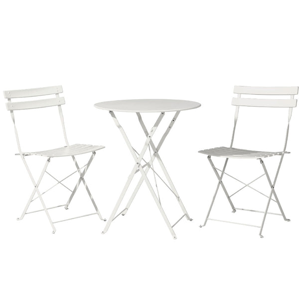 A Gardeon 3PC Outdoor Bistro Set consisting of a folding Steel Table and two folding Chairs in White, and set on a white background.