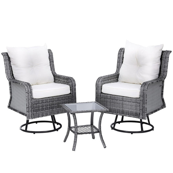 A 3-piece outdoor furniture set featuring a table and two chairs with grey weave pattern and white cushions, on a solid white background.