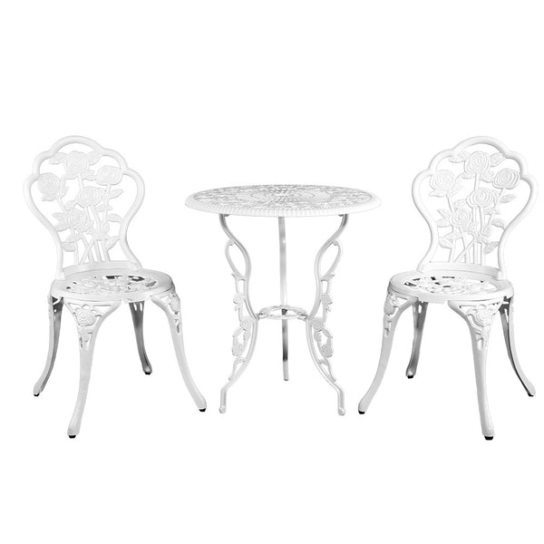 A white Gardeon bistro set including two chairs and a round table, made of cast aluminum with floral patterns, set against a white background.