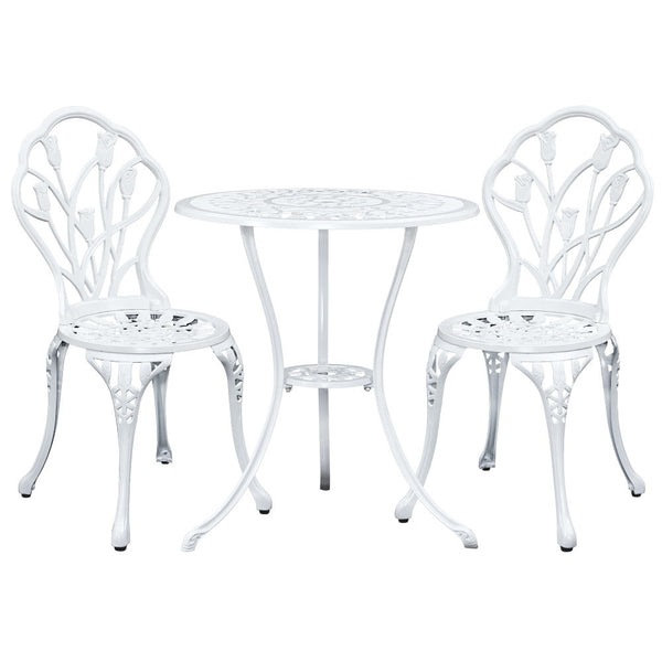 A white Gardeon 3-piece outdoor bistro set, including a round table and two chairs with a tulip floral pattern on the frame, made of cast aluminum, and set on a white background.