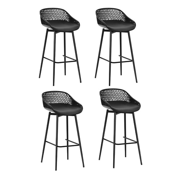 A set of four black Gardeon outdoor bar stools with plastic seats and metal frames, designed for use on a balcony or outdoor setting and set on a white background.