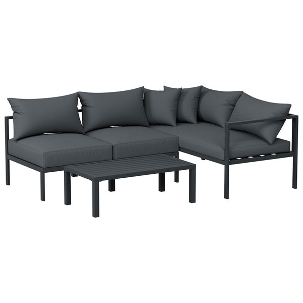 A Gardeon 4-seater Outdoor Aluminium Sofa Set. Featuring a two-seater sofa, two single sofas and a wide coffee table in charcoal black colour, seats are together forming an 'L' shape and set on a white background.