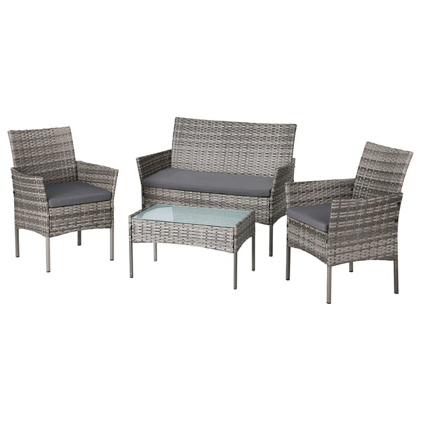 Gardeon 4-Seater Outdoor Wicker Sofa Set featuring a glass top Table, a two-seater and two single Chairs in Grey and set on a white background.