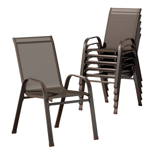 A set of six brown outdoor dining chairs made of metal and plastic, featuring a stackable design and anti-slip feet. Five chairs are stacked and one on its own, all set on a white background.