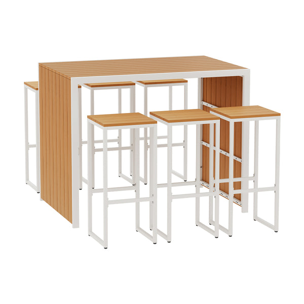 A 7-piece outdoor bar set with a rectangular table and six bar stools with a brown wood slat tabletop and white steel frames, set on a white background.