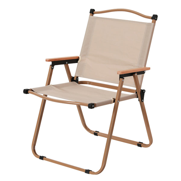 A Gardeon portable folding beach chair made of steel with a beige oxford fabric seat, featuring alloy brackets and wooden armrests, facing side and front ways on a white background.