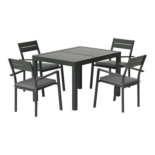A five-piece outdoor dining set with a rectangular dining table and four grey aluminium chairs with cushions on a white background.
