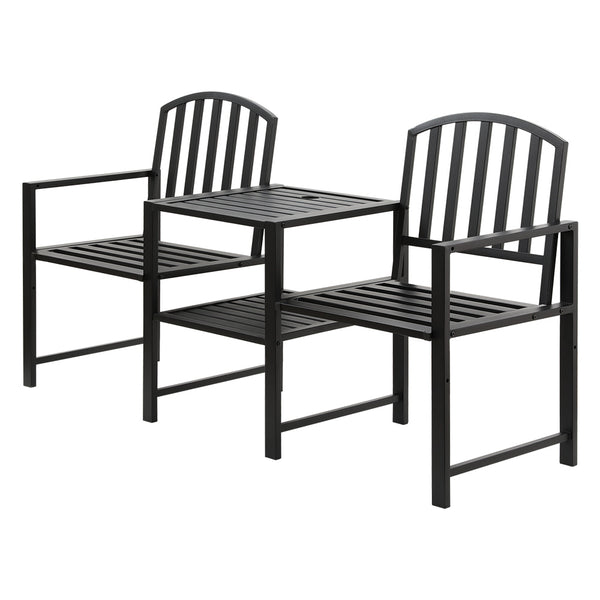A two-seater garden bench set with a black steel frame, featuring a table and armchairs, designed for outdoor use and set on a white background.