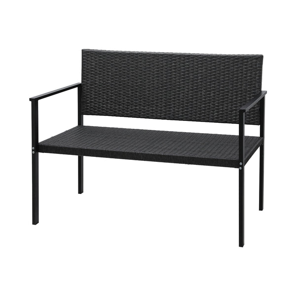 A 2-seater Gardeon outdoor garden bench with a grey rattan seat and black powder-coated steel frame on a white background.