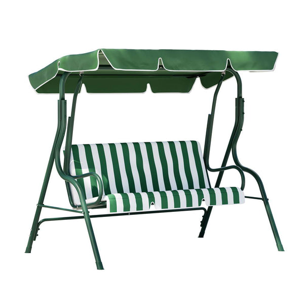A white and green Gardeon outdoor swing chair with a canopy and striped cushions, designed for three people to sit and set on a white background.