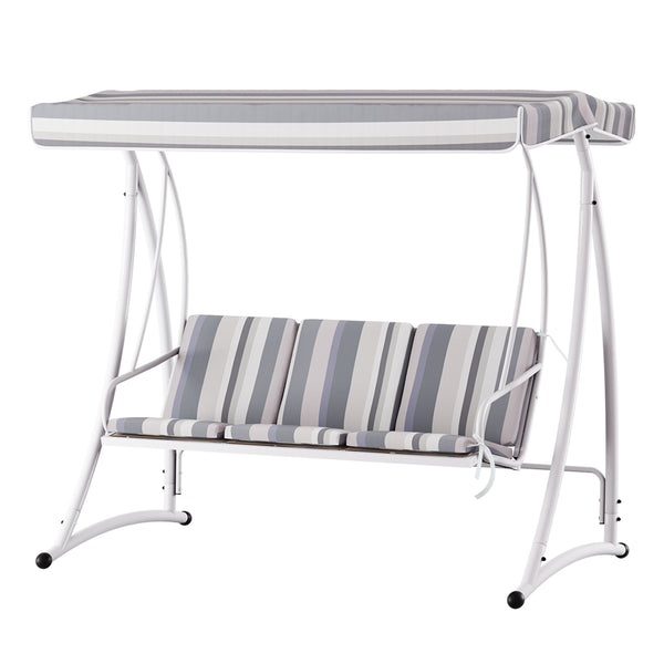 An outdoor swing chair with a white and grey striped canopy and a sturdy frame, designed to seat three people and set on a white background.