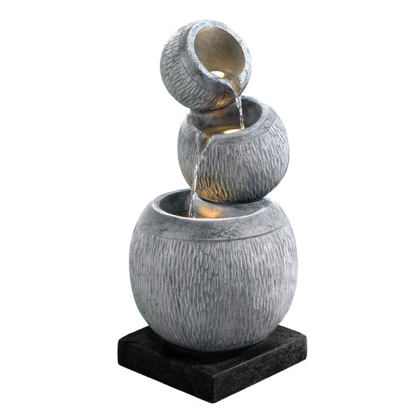 A three-tier bowls cascading water fountain feature with LED lights, made of polyresin, in a grey colour with black base, set against a white background.