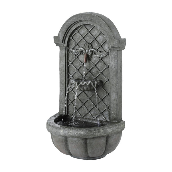 A grey Gardeon solar fountain with a classic cascading design, wall mounted on a white background.