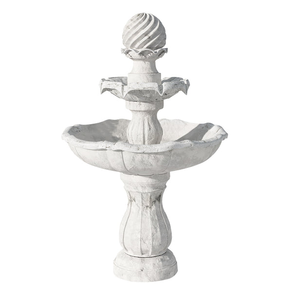 A three-tier white colour solar-powered water fountain with ball feature on top, set against a white background.