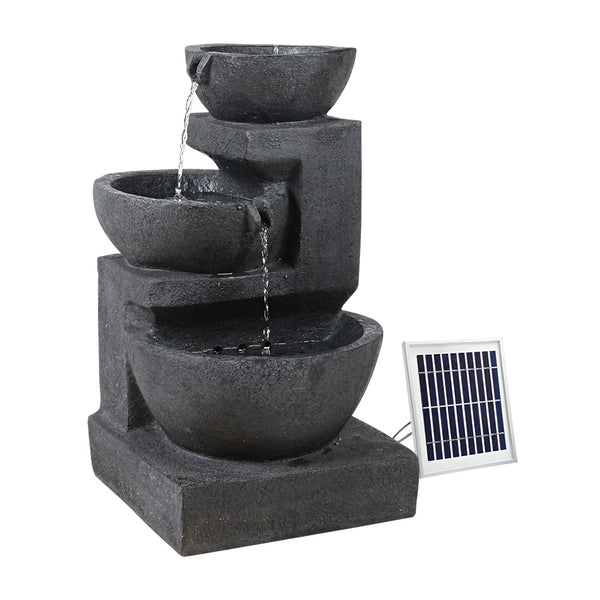 A three-tier cascading water feature with bowls, in blue colour featuring a solar panel on the top right, all set against a white background.
