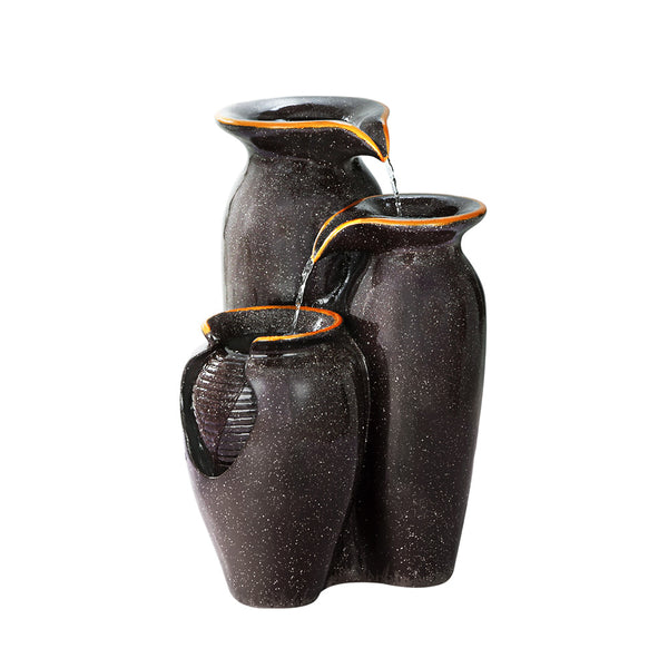 A three-tier cascading water feature with tall urns, in brown colour with gold rim around the top brims of the urns, all set against a white background.