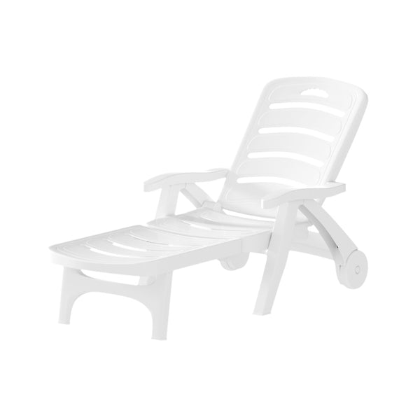 A white Gardeon folding sun lounger with wheels, in a reclined position on a white background.