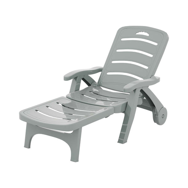 A grey Gardeon Sun Lounger folding lounge chair with wheels, displayed on a white background.