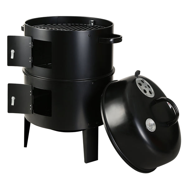 A black 3-in-1 charcoal BBQ smoker with a lid, side doors, and a front-mounted temperature gauge, set on a white background.