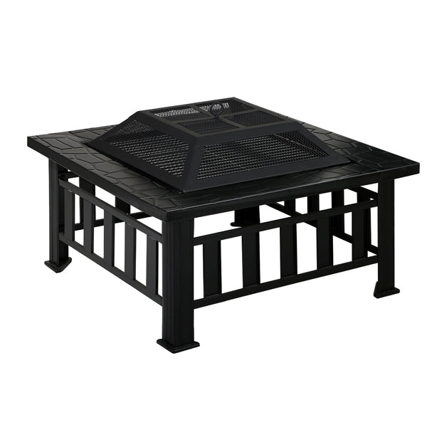 A black 2-in-1 steel fire pit/BBQ grill outdoor table with a geometric pattern on the tabletop and a mesh dome on top and set in a white background.