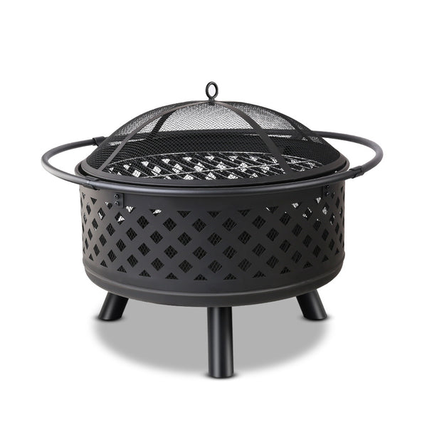 A black steel fire pit BBQ grill with a geometric pattern and set on a white background.