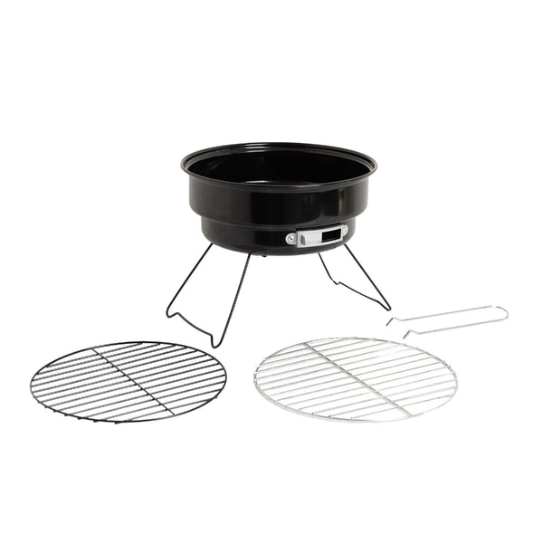 Portable grill with two metal grates on a white background.