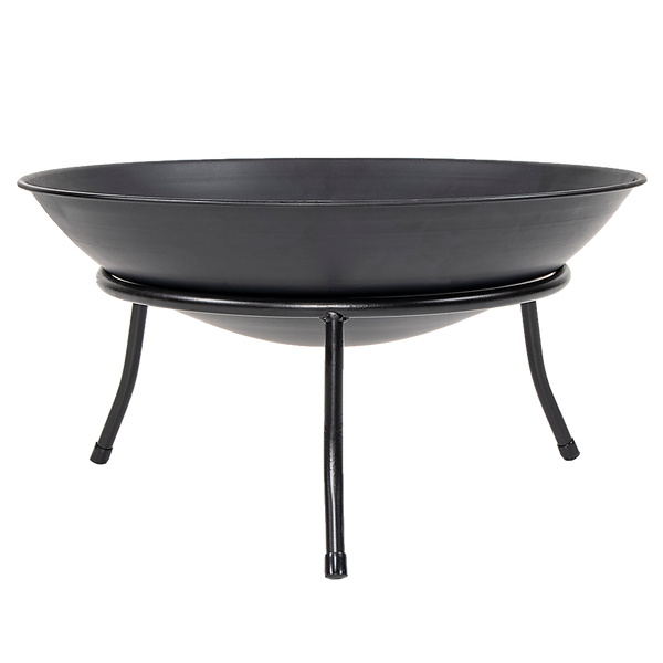 A matte black iron fire bowl with a minimalist design, supported by three curved legs and set on a white background.