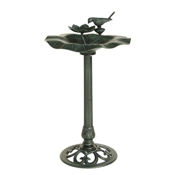 Decorative lotus bird bath in Dark green colour with leaf design and bird on top on a white background