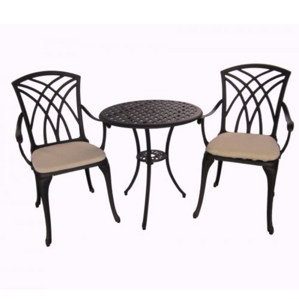 A three piece cast aluminium outdoor furniture set comprising two chairs and a round table, all in dark bronze color and cream cushions, displayed on a white background.