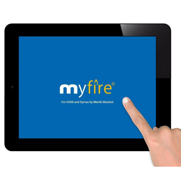 Mertik Wi-Fi Box Smart Home for Planika Gas Fire pits with someone pointing their finger at the screen on a white background.