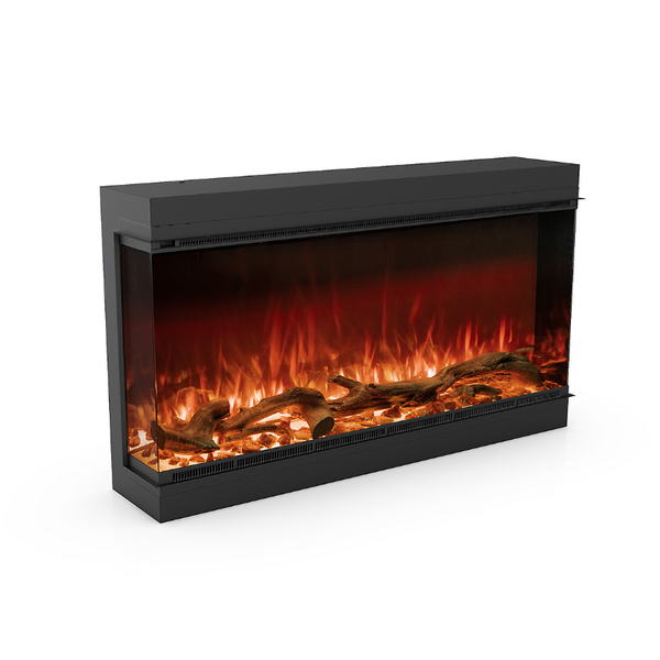 Astro 1200 Electric Fireplace left corner shape with logs and fire burning on a white background.