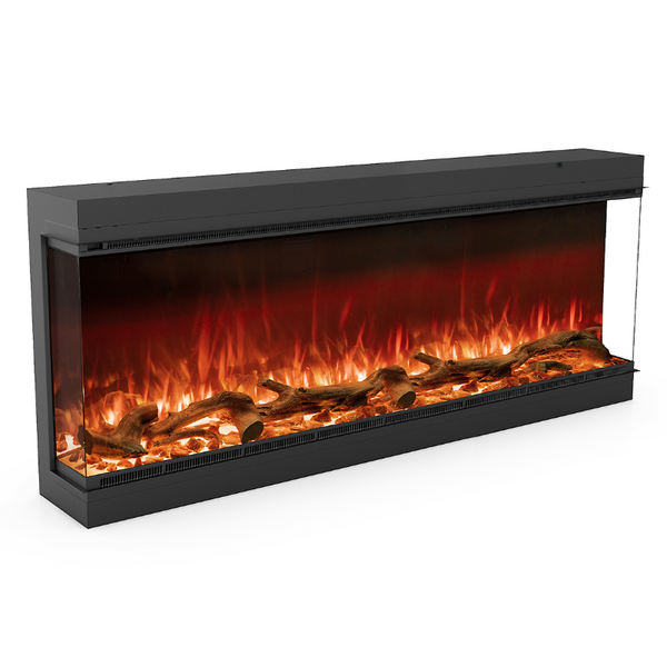 Astro 1500 Electric Fireplace three-sided shape with logs and fire burning on a white background.