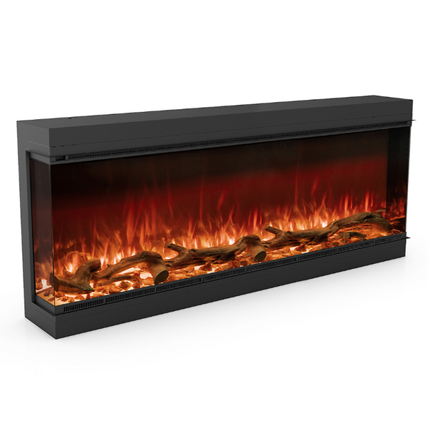 Astro 1500 Electric Fireplace left corner shape with logs and fire burning on a white background.
