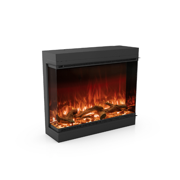 Astro 850 Electric Fireplace Left corner shape with logs and fire burning on a white background.