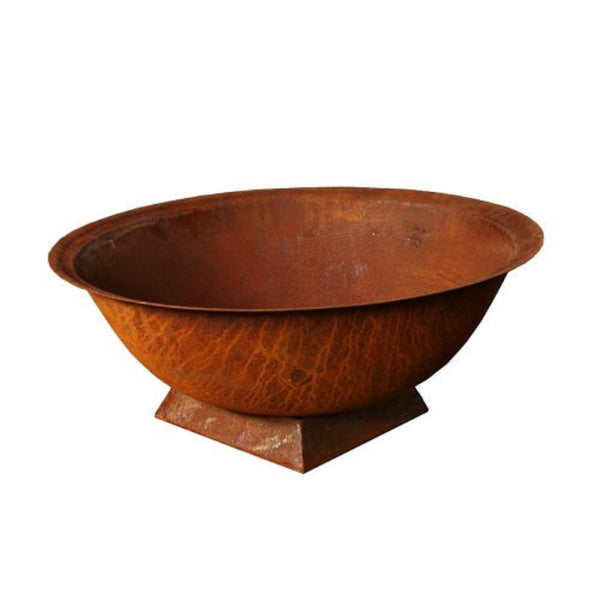 Cast Iron Deep Fire Pit Bowl with Trivet Base - 82cm Diameter x 35cm High in rust colour with a white background.