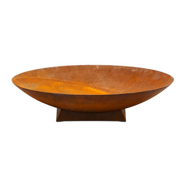 Cast Iron Deep Fire Pit Bowl with Trivet Base - 75cm Diameter x 35cm High in a rust colour on a white background.