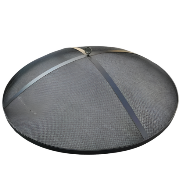 A circular metal ember screen for fire pits, featuring a simplistic design with a ring of metal at the top and a mesh body.