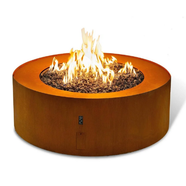 Galio Star Corten Automatic Outdoor Gas Fireplace with Remote, and a fire burning with a white background.