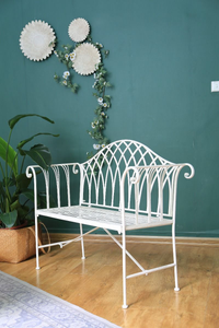 Antique White coloured Lavinia Iron Bench Australia indoors in a room