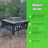 Square Metal Fire Pit Outdoor Heater set in a table with a mesh screen top with a faux-stone finish and specifications of the item listed on the side of it which is set on a green background.