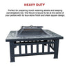 Square Metal Fire Pit Outdoor Heater set in a table with a mesh screen top with a faux-stone finish and set on a white background.
