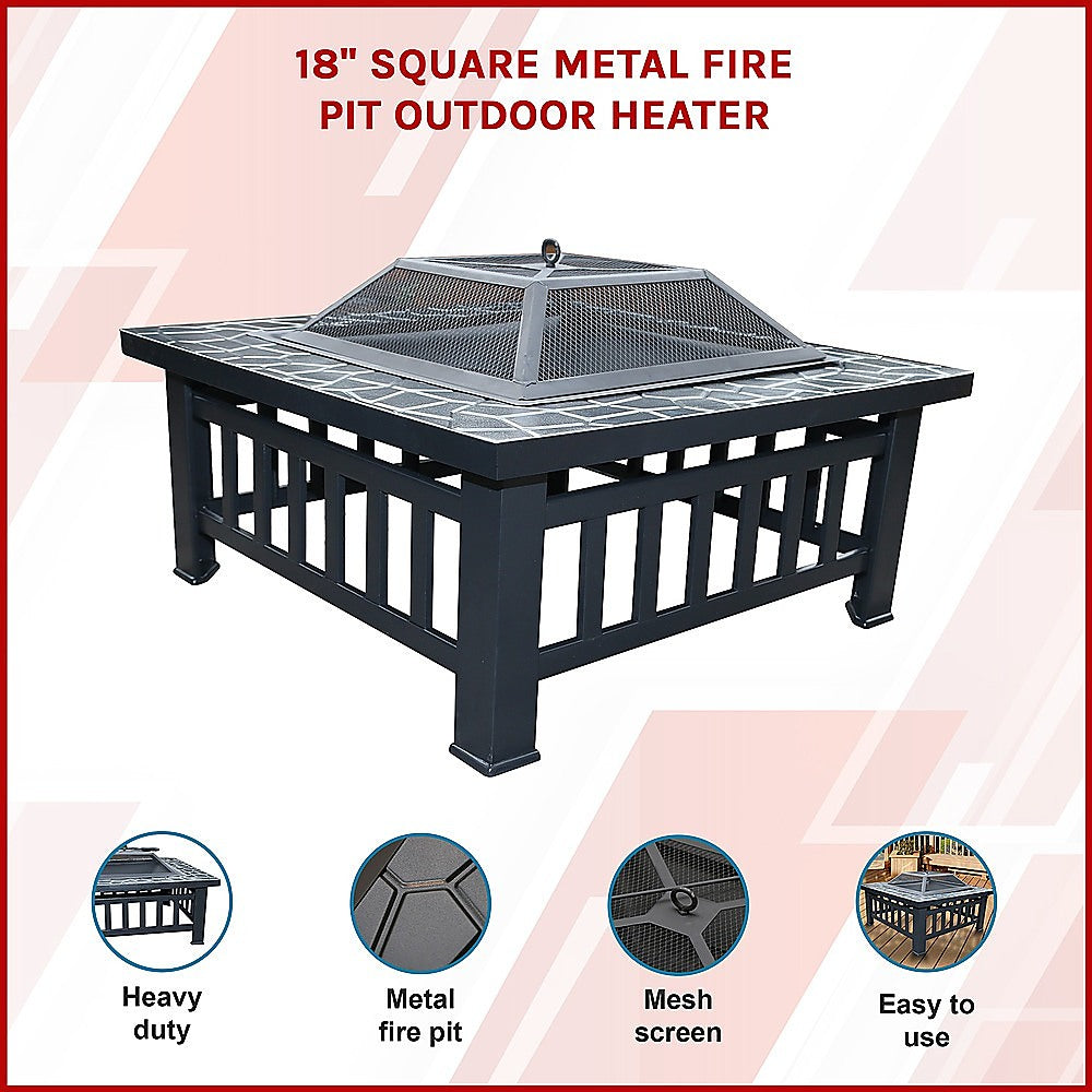 Square Metal Fire Pit Outdoor Heater set in a table with a mesh screen top with a faux-stone finish and set on a pink and white background. There are 4 inserted clos-up images showcasing the product as heavy duty, metal fire pit, mesh screen and easy to use.