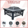 Square Metal Fire Pit Outdoor Heater set in a table with a mesh screen top with a faux-stone finish and set on a pink and white background. There are 4 inserted clos-up images showcasing the product as heavy duty, metal fire pit, mesh screen and easy to use.