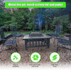 Square Metal Fire Pit Outdoor Heater set in a table with a mesh screen top with a faux-stone finish and set on a pebbled surface with 4 metal chairs inside wooden sleeper edging around the firepit, grass and trees in the backdrop. There are 3 inserted images showing easy to assemble, anti-rust powder coating and high duty metal.